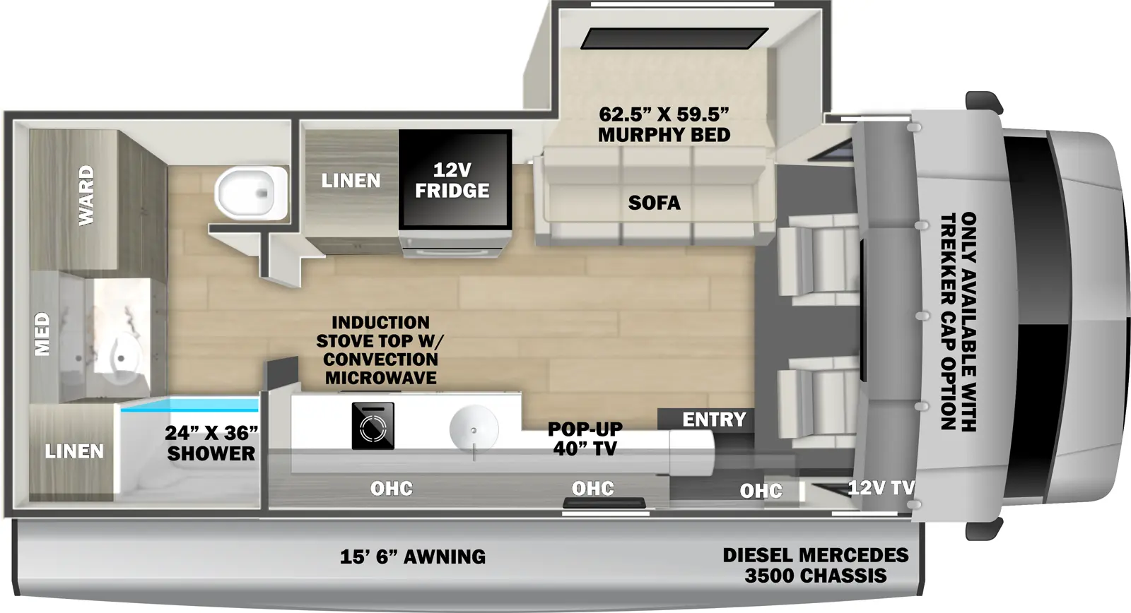 The Forester MBS 2401M floorplan has one entry and one slide out. Exterior features include: 15'6" awning. Interiors features include: murphy bed, rear bathroom and bunk over cab.